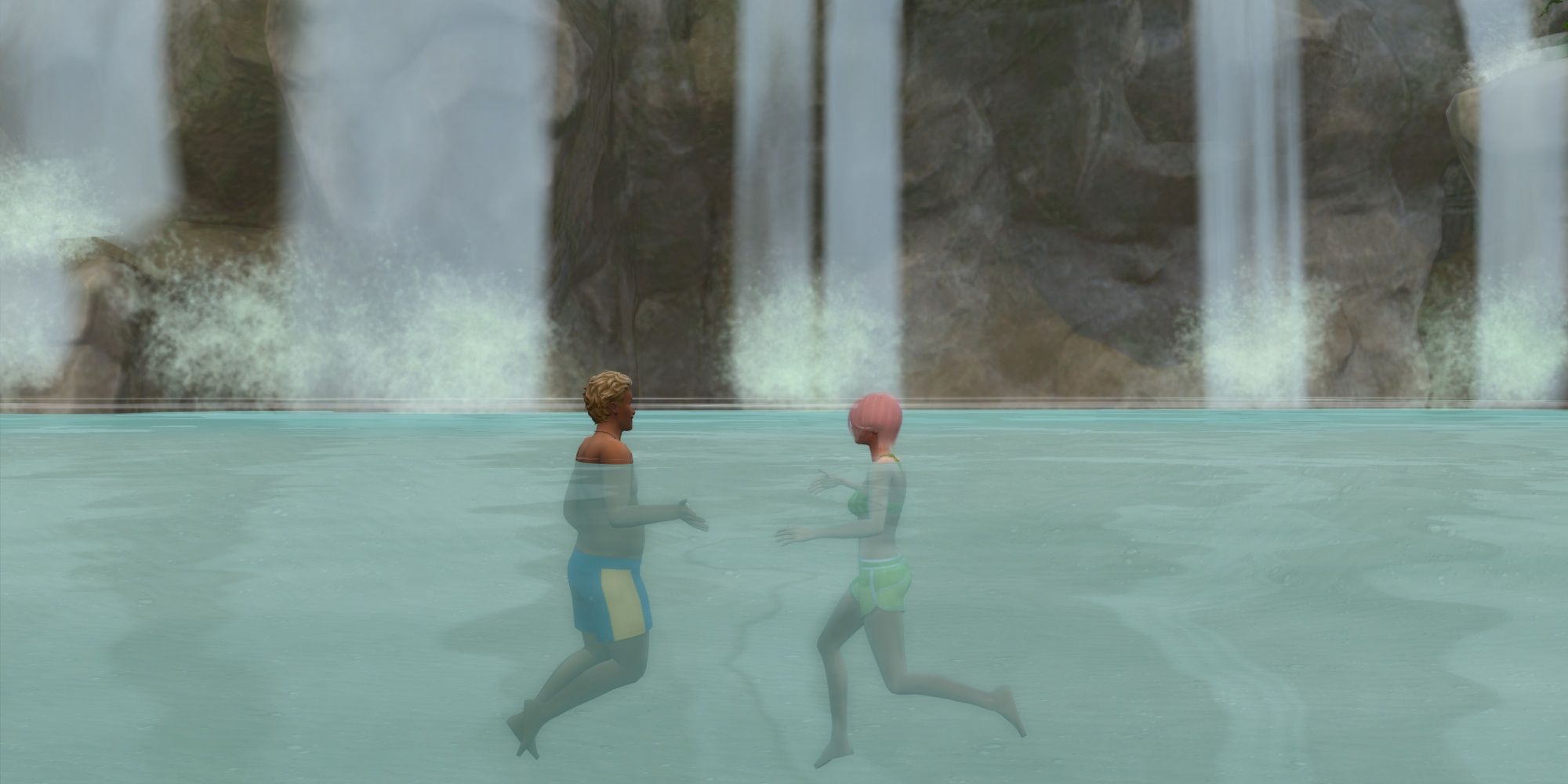 Two sims swimming in the lagoon in Tartosa, from The Sims 4: My Wedding Stories