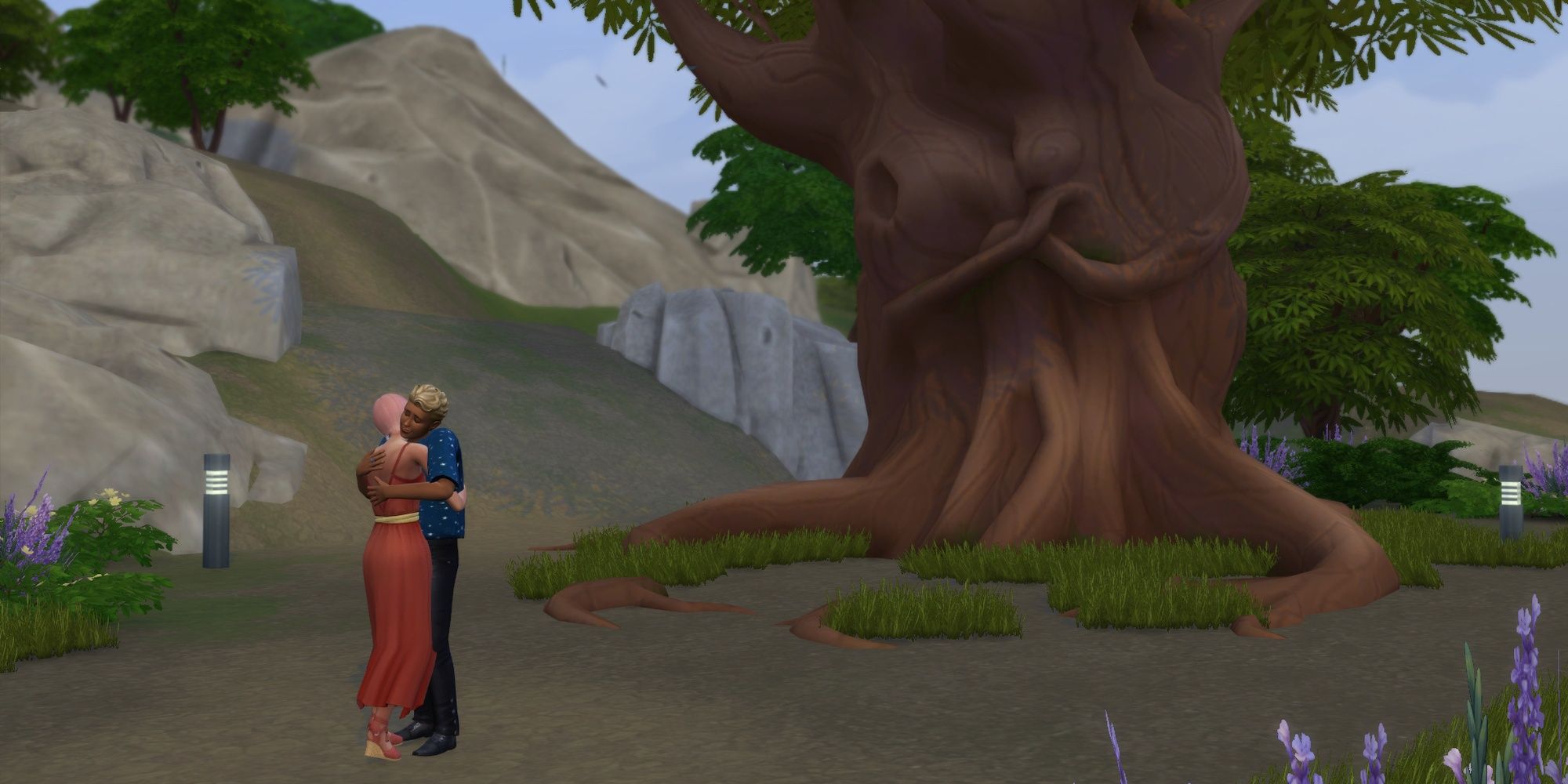 A couple embracing next to the Lovers' Tree in The Sims 4: My Wedding Stories