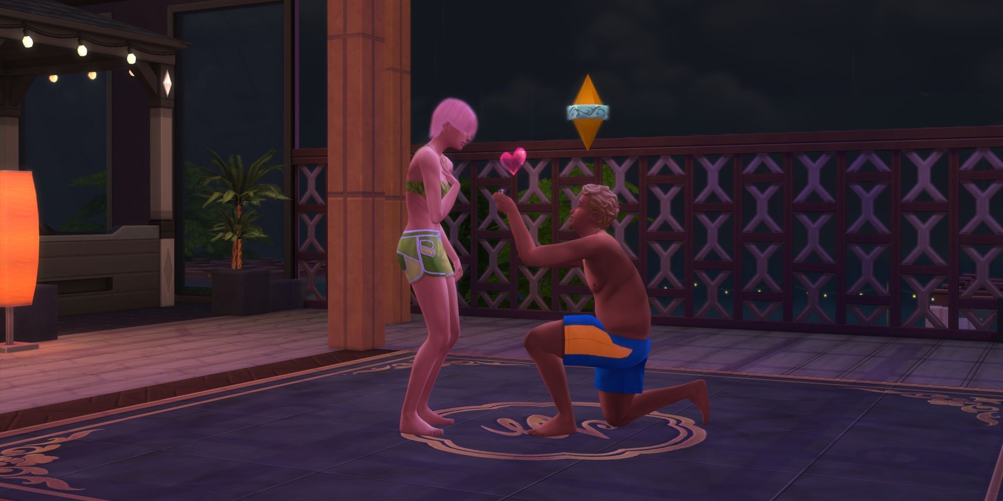 A sim proposing to his girlfriend in The Sims 4: My Wedding Stories