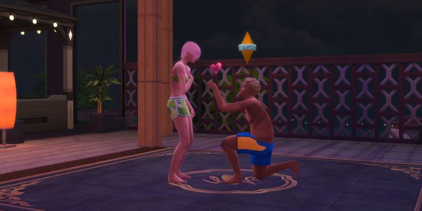 A sim proposing to his girlfriend in The Sims 4: My Wedding Stories