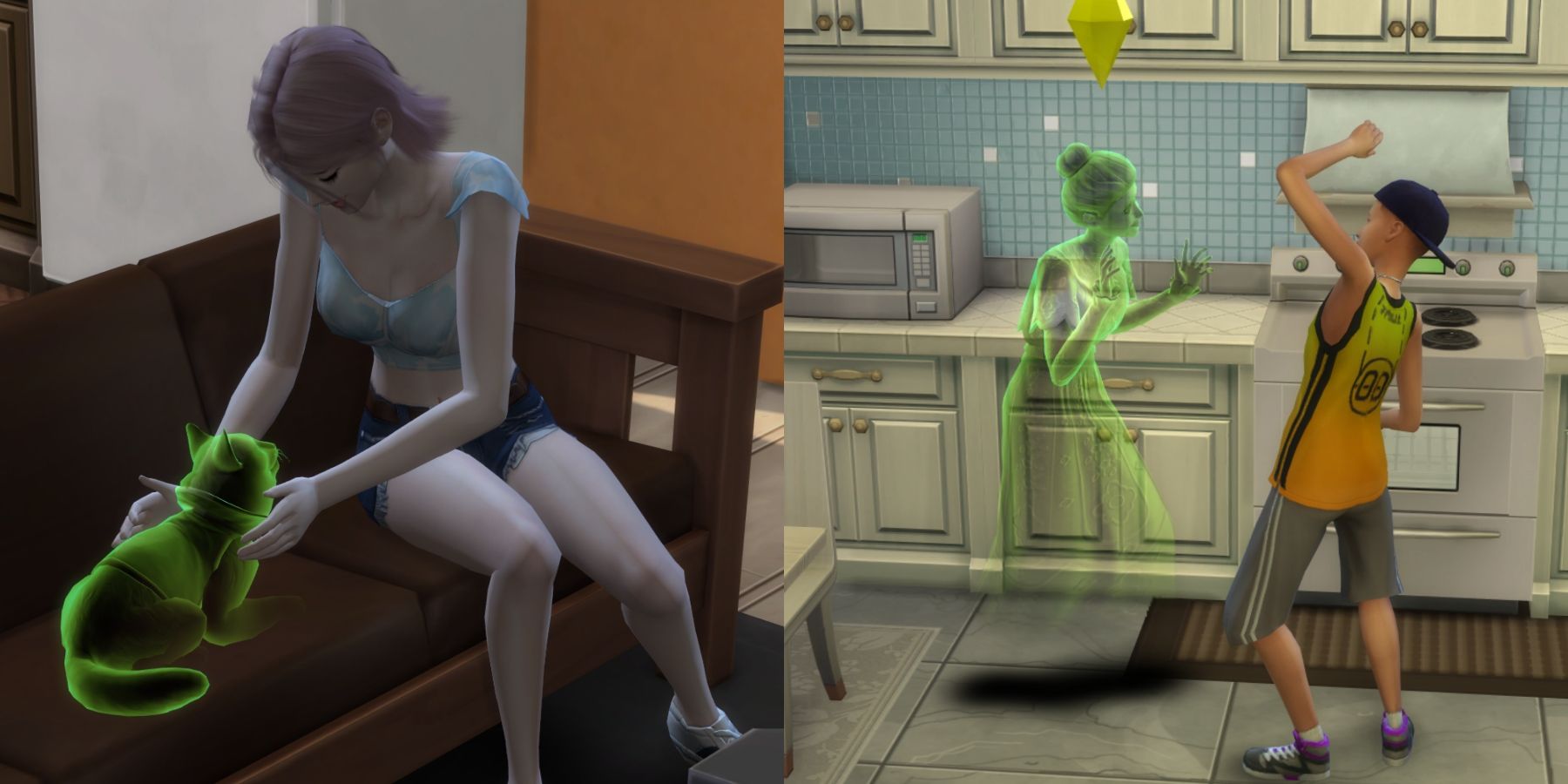 Sims talking with a ghost and petting a ghost in the sims 4