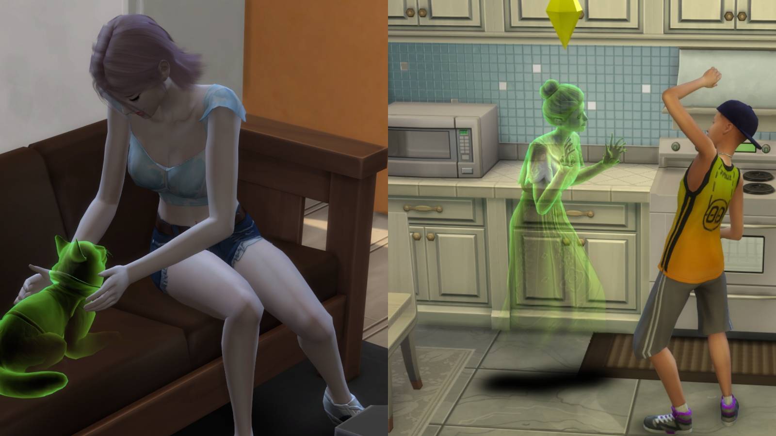 Sims talking with a ghost and petting a ghost in the sims 4