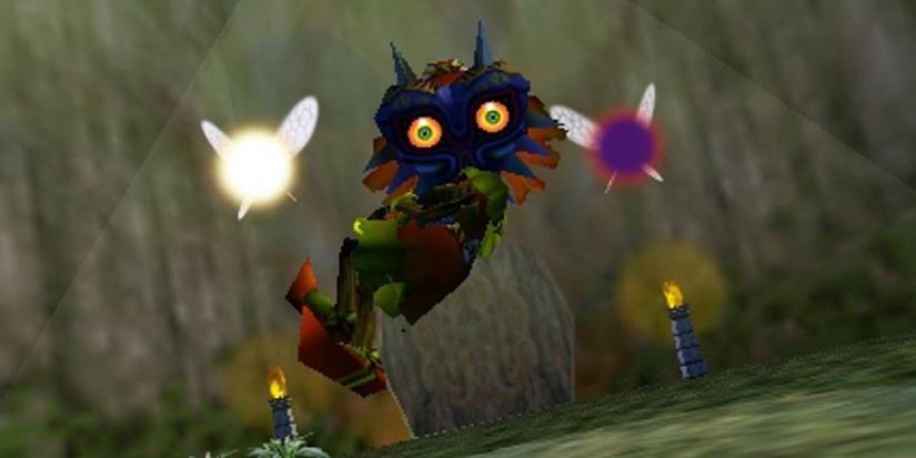 Skull Kid hovering in mid-air next to Tatl and Tael in Majora's Mask 3D
