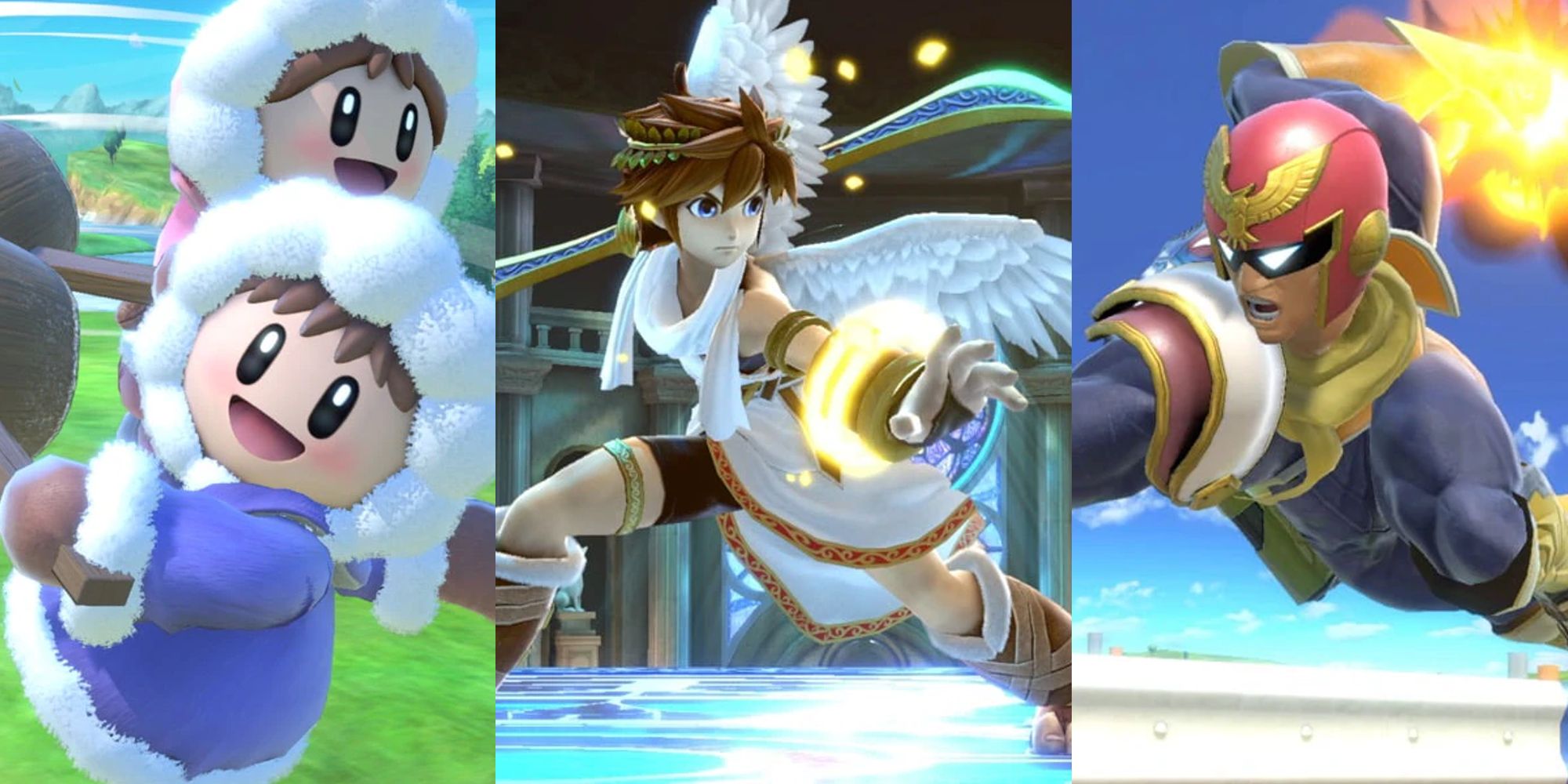Ice Climbers spin-attacking in Ultimate; Pit striking a pose in Ultimate; Captain Falcon running with flaming fist in Ultimate