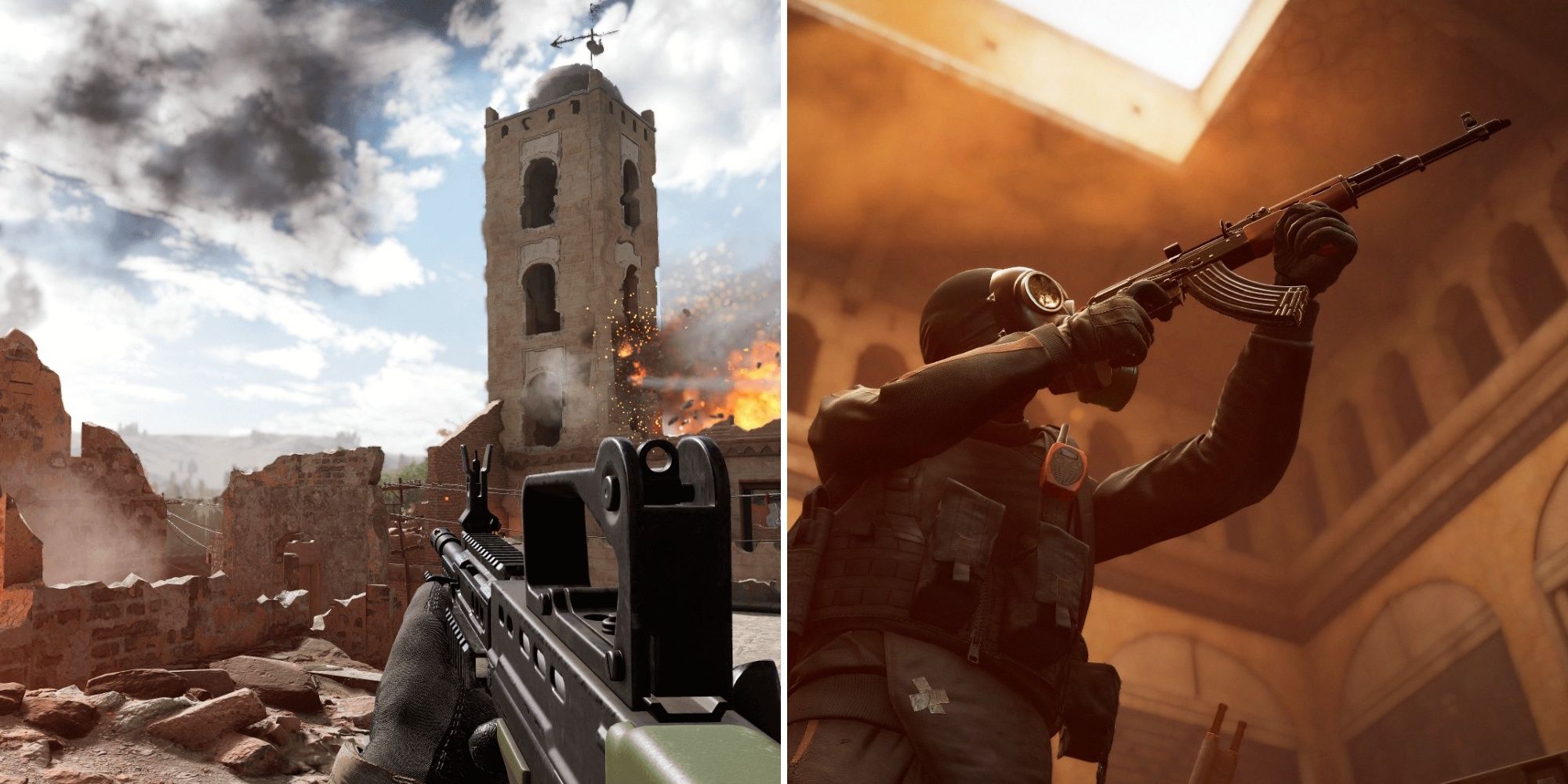 Insurgency: Sandstorm split image screenshots first person view of ruined town and third person view of soldier with weapon.