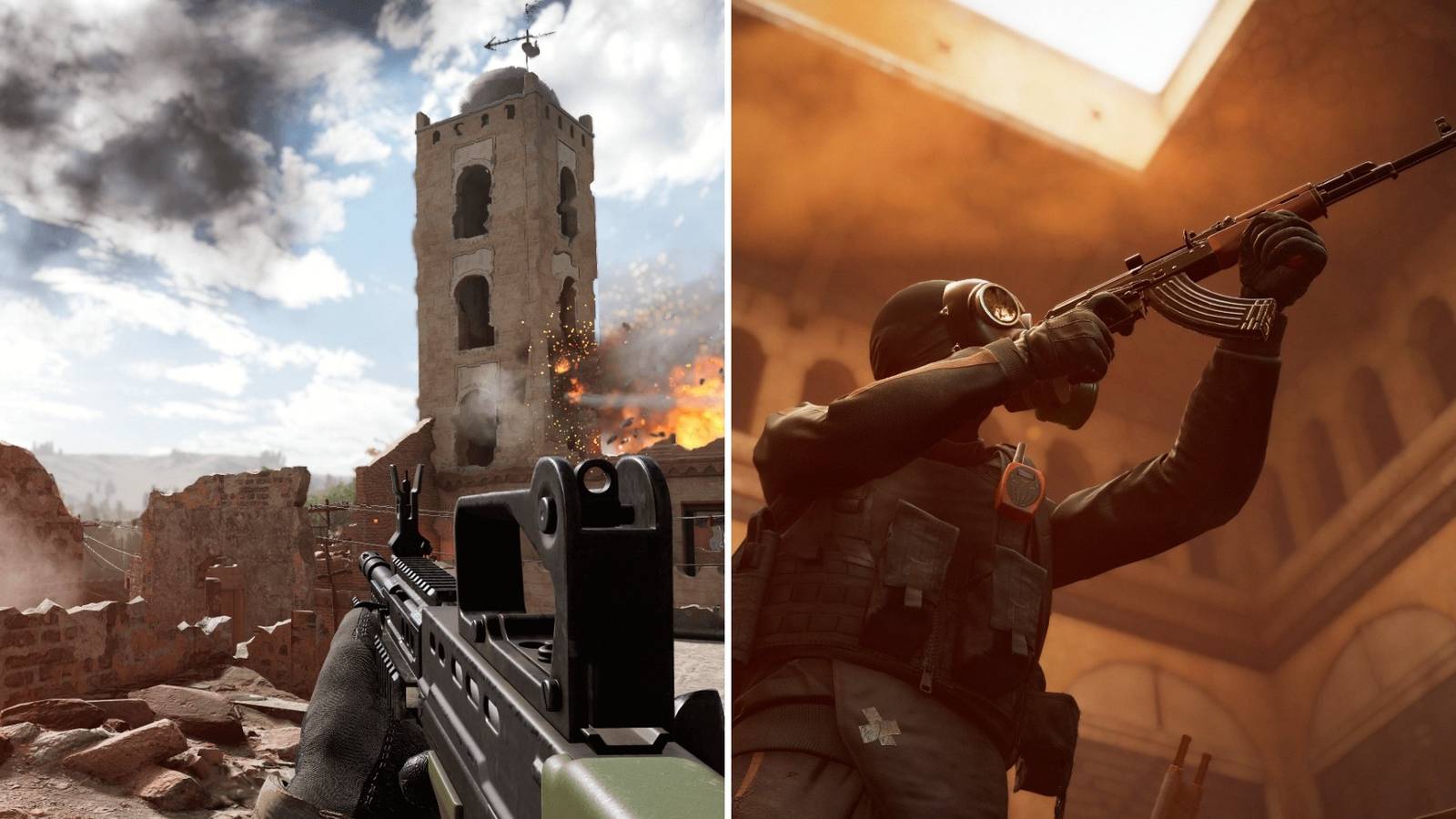 Insurgency: Sandstorm split image screenshots first person view of ruined town and third person view of soldier with weapon.