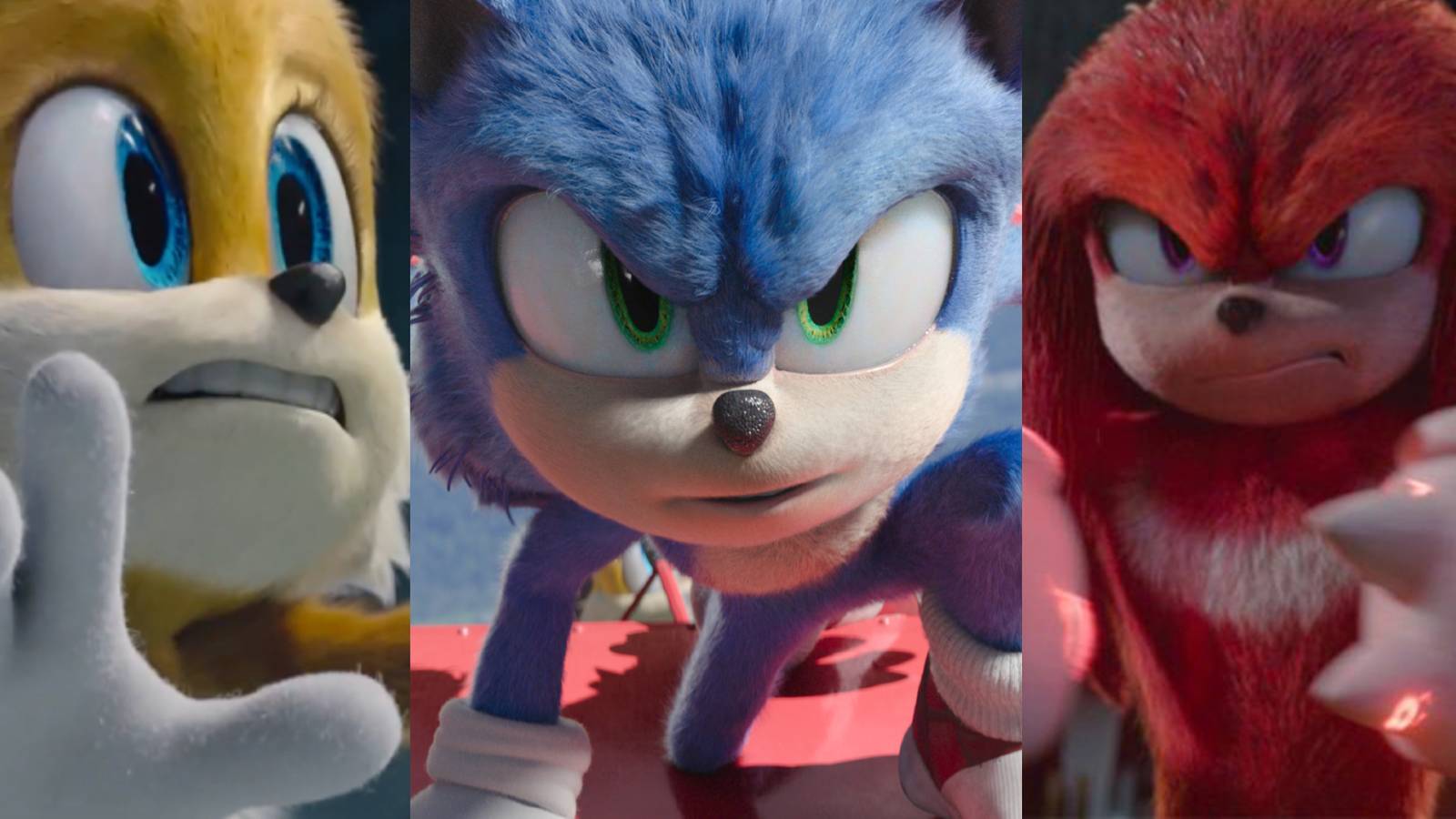Tails, Sonic, and Knuckles from the Sonic the Hedgehog 2 trailers