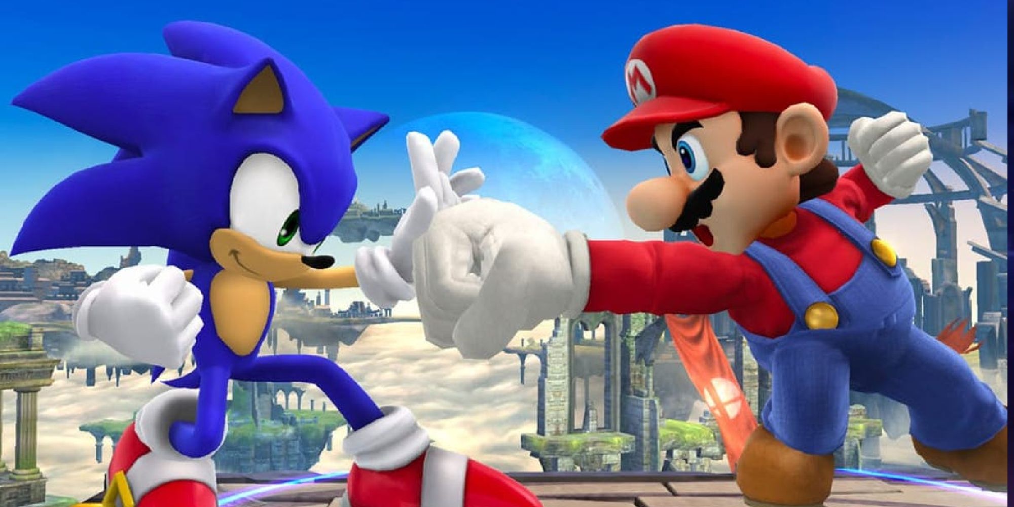 Sonic and Mario fighting on Battlefield in Super Smash Bros Ultimate