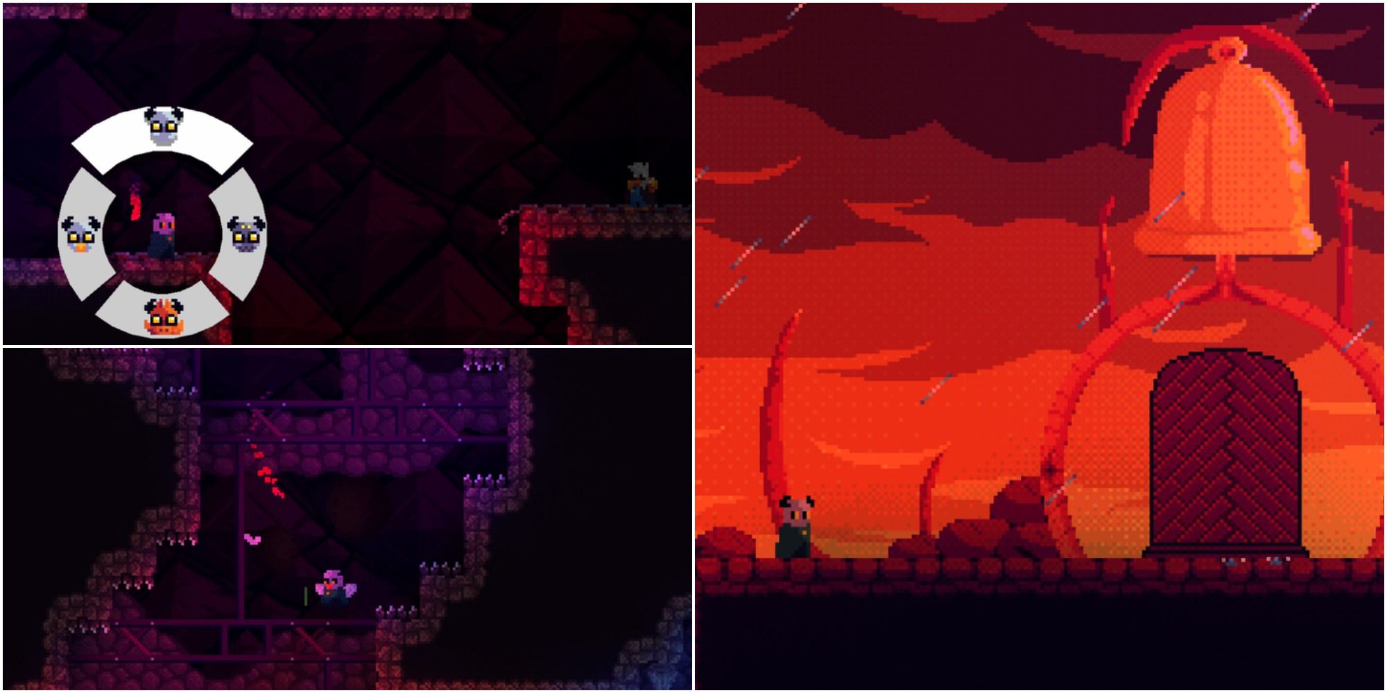 Soulchild split image Three cavernous areas in the game Soulchild lit in moody purple and red lighting