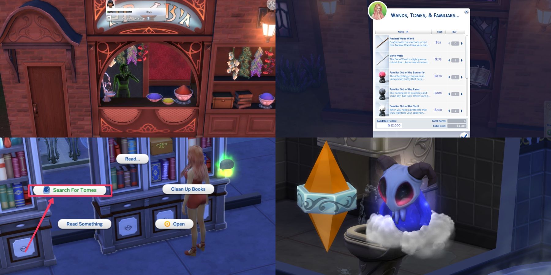 Spellcasters' objects and a familiar in the sims 4