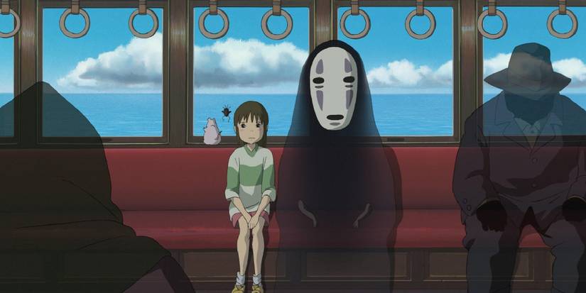 Chihiro and No-Face sitting together on a train in Spirited Away