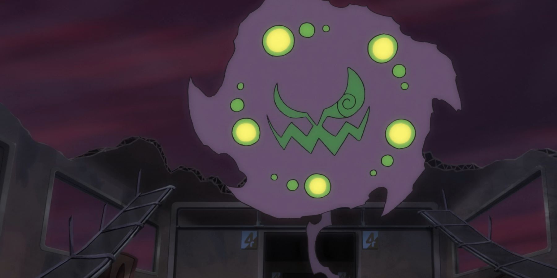 Spiritomb rising above a ruined building in the Pokemon Journeys anime