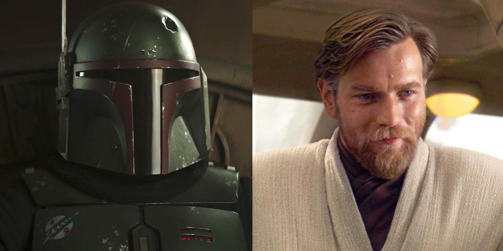 Split image of Boba in The Book of Boba Fett and Obi-Wan in Revenge of the Sith