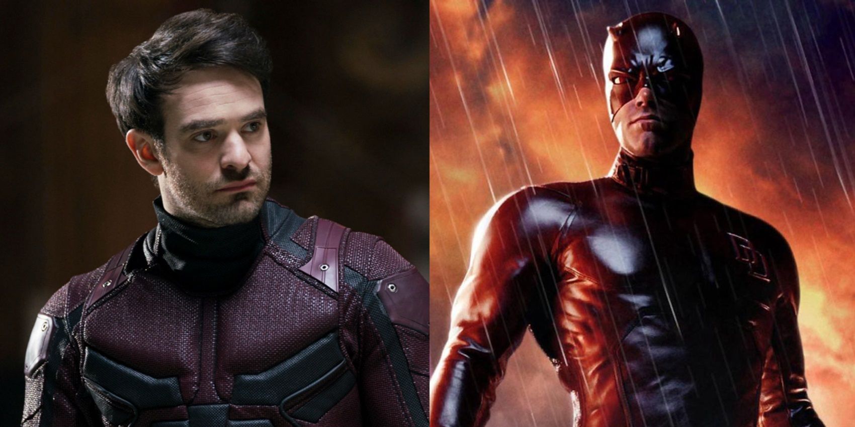 Split image of Charlie Cox and Ben Affleck as Daredevil
