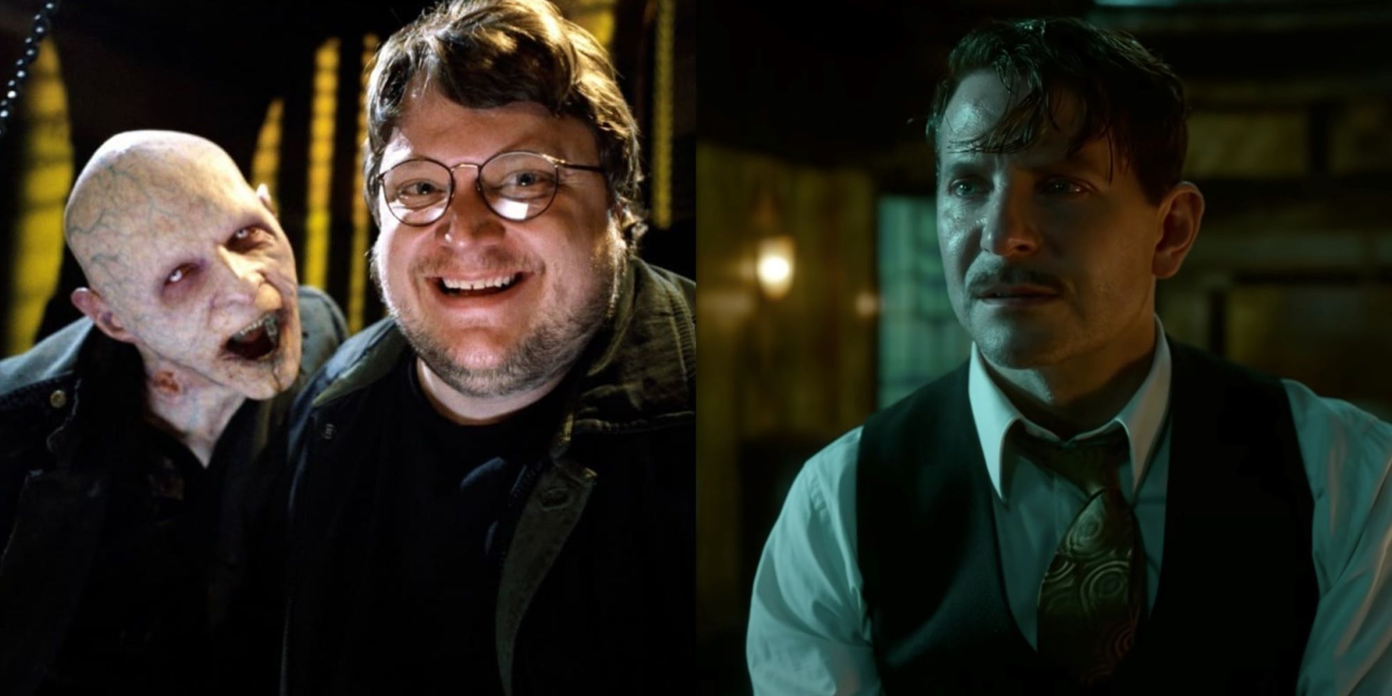 Split image of Guillermo del Toro on set with a monster and Bradley Cooper in Nightmare Alley