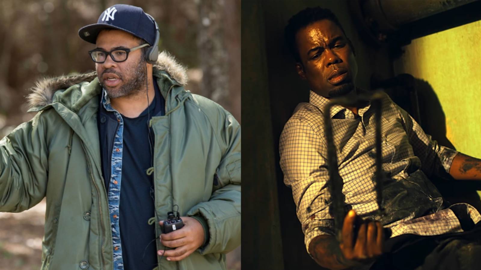 Split image of Jordan Peele directing Get Out and Chris Rock in Spiral