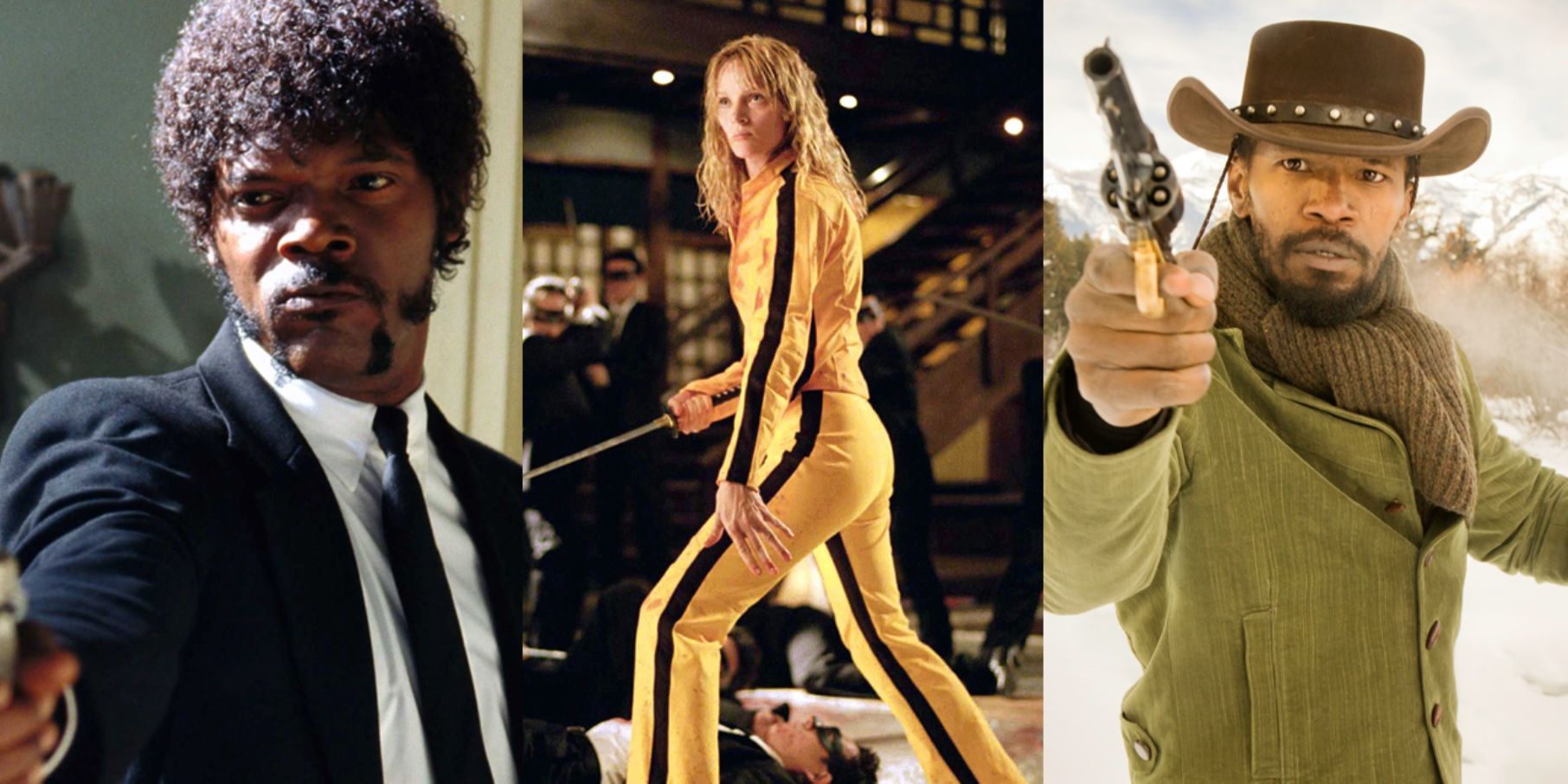 Split image of Samuel L Jackson in Pulp Fiction, Uma Thurman in Kill Bill, and Jamie Foxx in Django Unchained