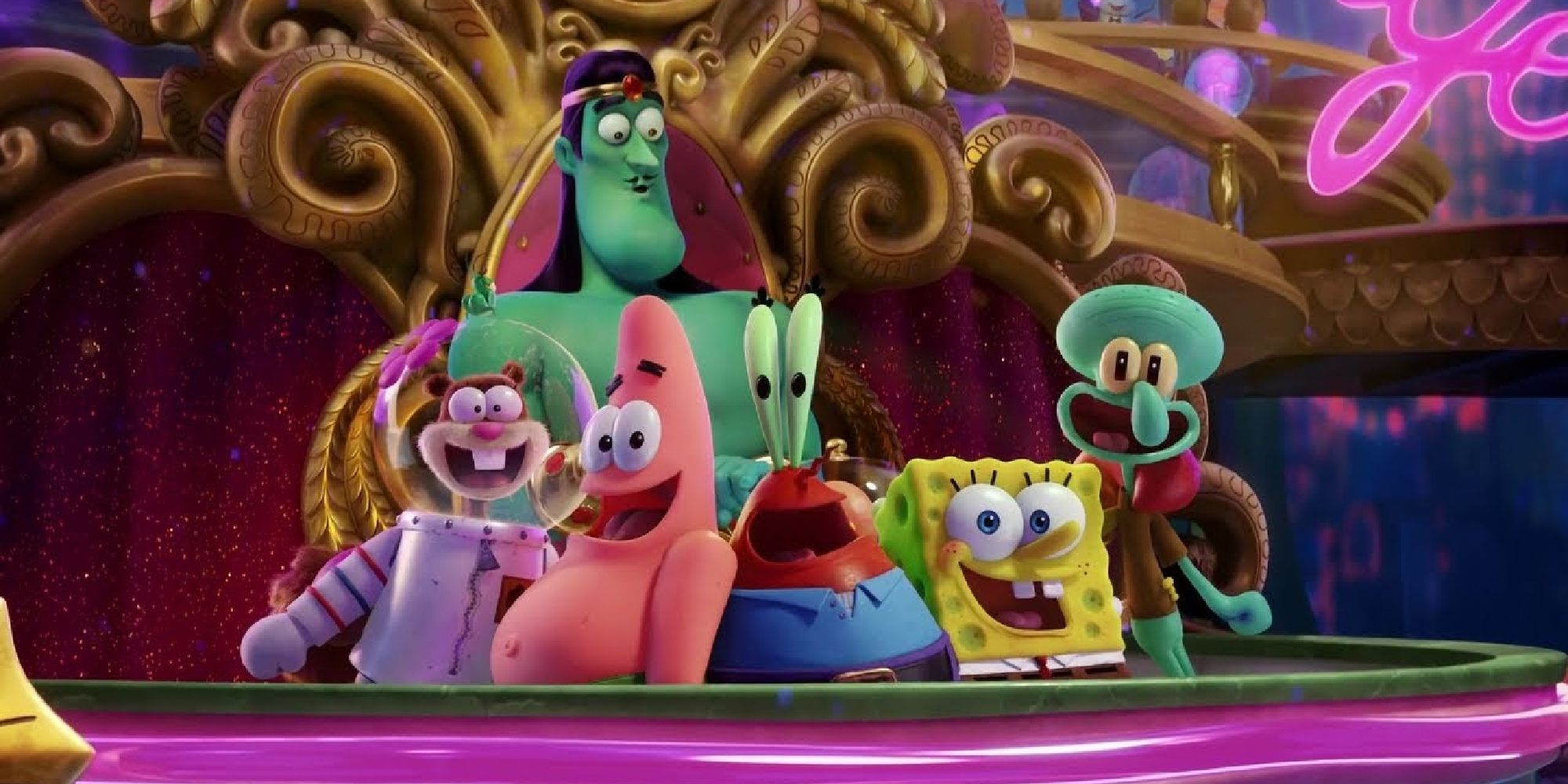 SpongeBob, Mr. Krabs, Squidward, Patrick, and Sandy hugging in front of King Poseidon in Sponge On The Run