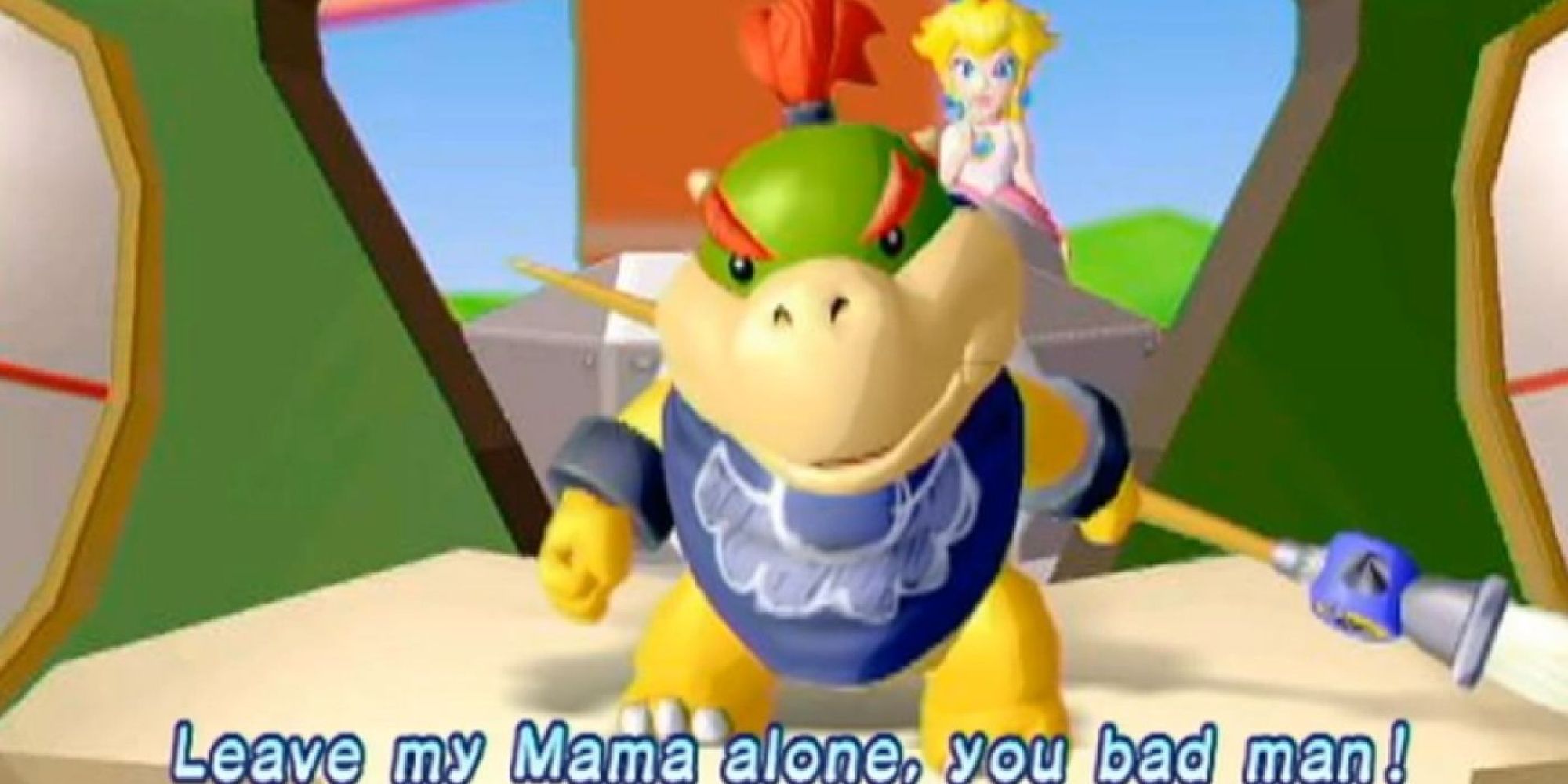 Bowser Junior standing in front of Peach calling her his "Mama"