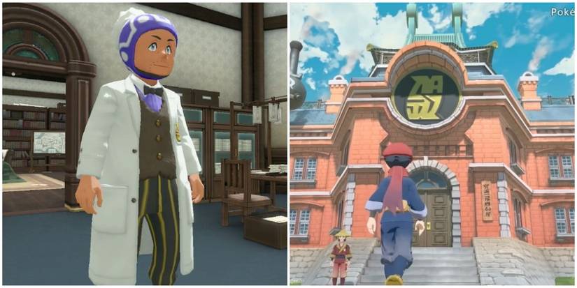 Split image of Pokemon professor and headquarters.