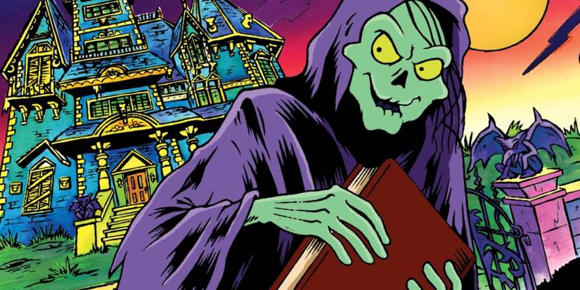 Green creature in a cape in front of a house in Tales From The Cryptkeeper