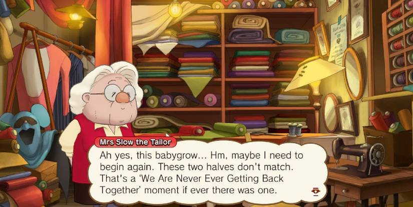 Dialogue with Mrs Slow the Tailor referencing "We Are Never Ever Getting Back Together" by Taylor Swift