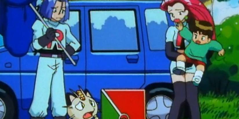 Team Rocket Jessie James and Meowth holding child