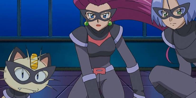 Team Rocket Jessie James and Meowth kneeling wearing masks
