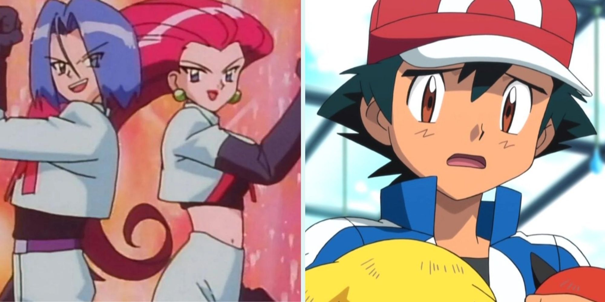 Pokemon split image Team Rocket Posing Confidently and Ash Carrying Injured Pikachu