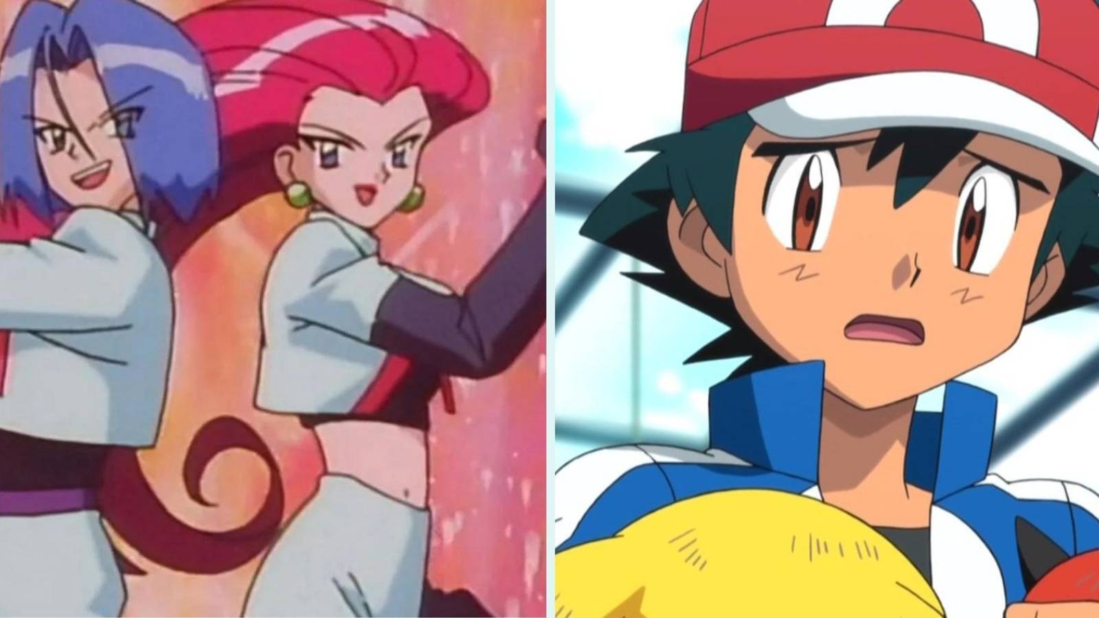 Pokemon split image Team Rocket Posing Confidently and Ash Carrying Injured Pikachu