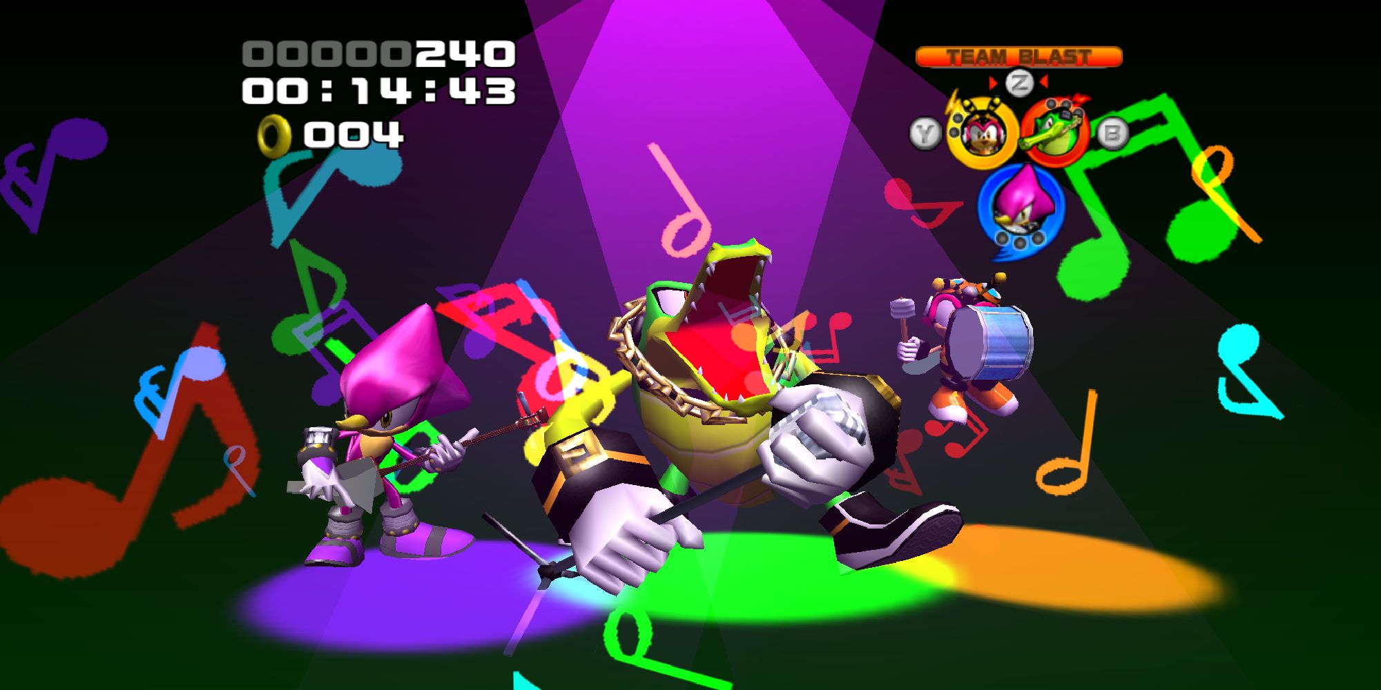 Team Chaotic performing their music-themed Team Blast in Sonic Heroes