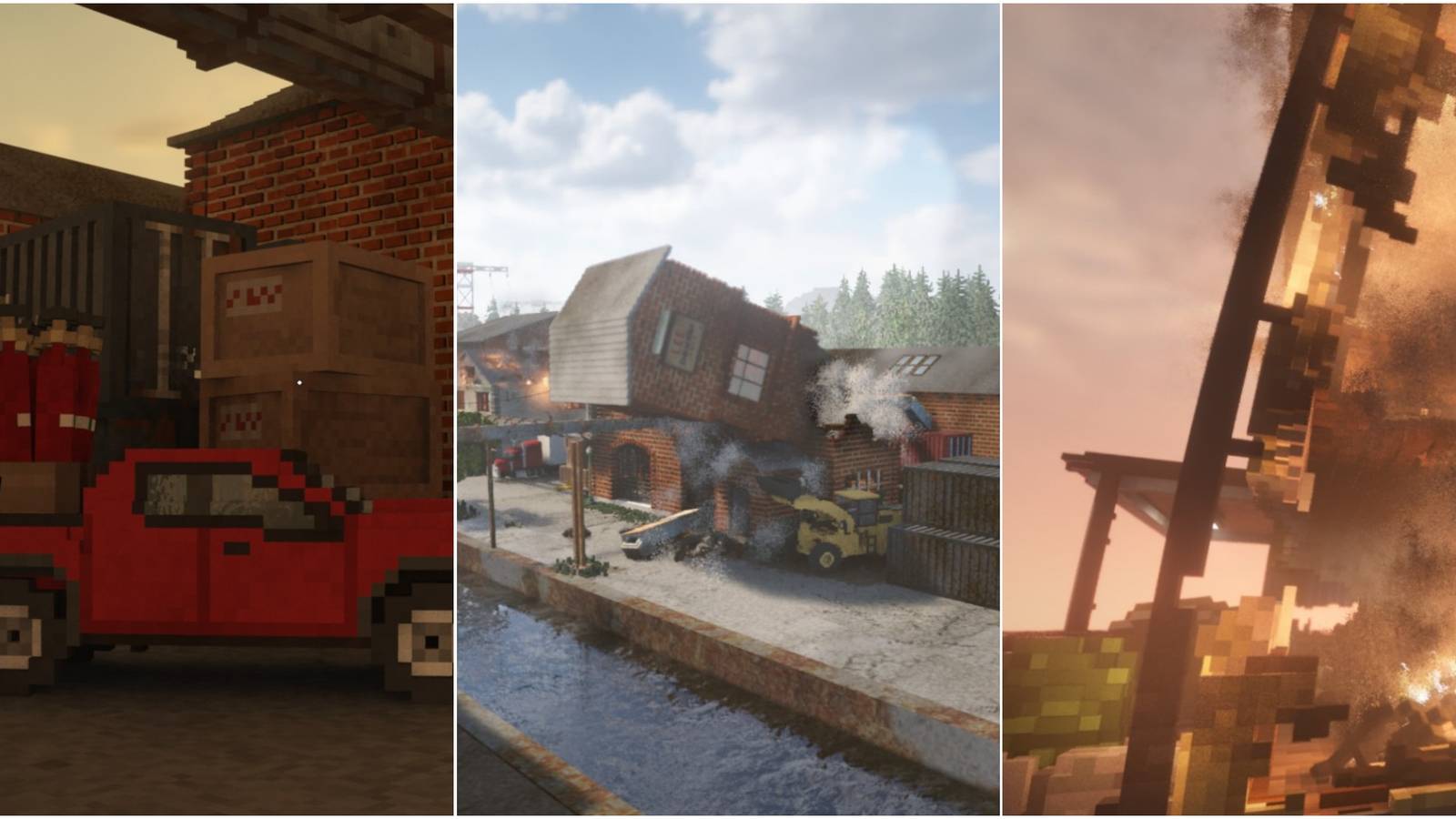 Teardown - A joined image of a car, a burning building, and a pier.