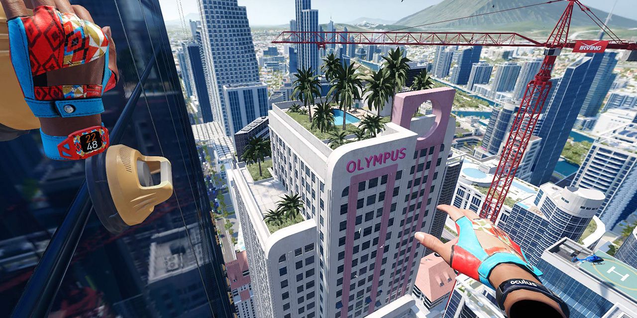 Looking at a building called the Olympus while climbing in The Climb 2