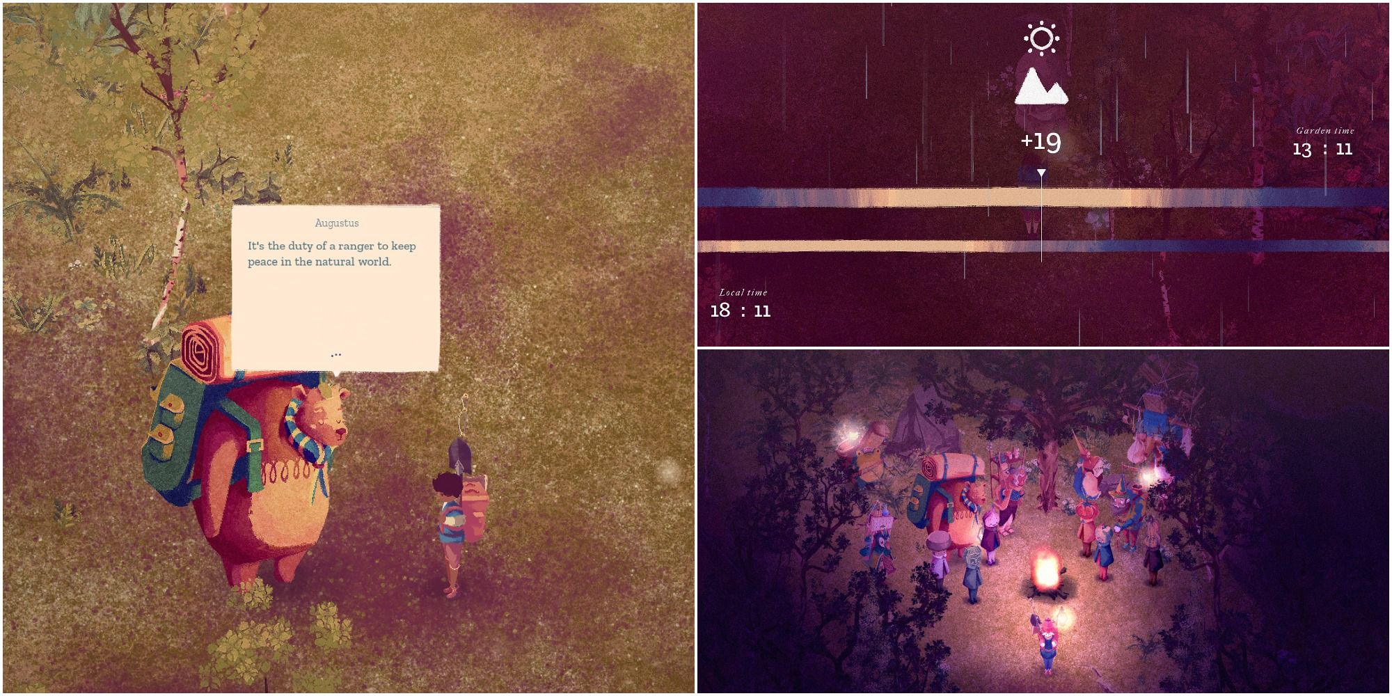 Split image a person chatting with a bear, attending a late-night party, and a time progression screen from the game The Garden Path