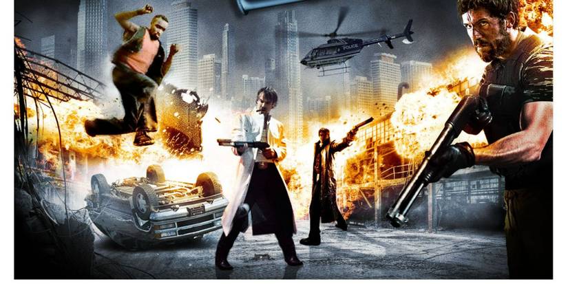 A gunfight amidst multiple explosions in The Tournament