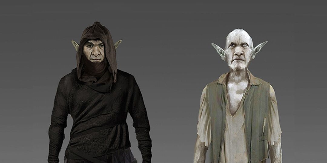 The Witcher concept art Goblin in black robe next to lighter goblin. 