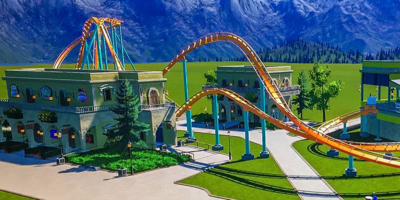The beginning and end of a roller coaster in Planet Coaster