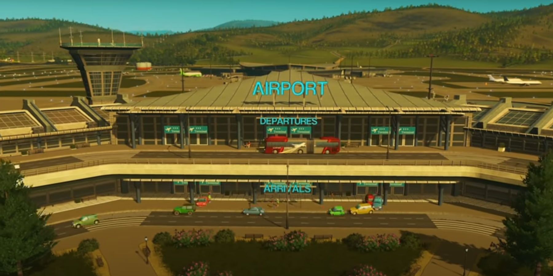The front view of a busy airport terminal in Airports DLC