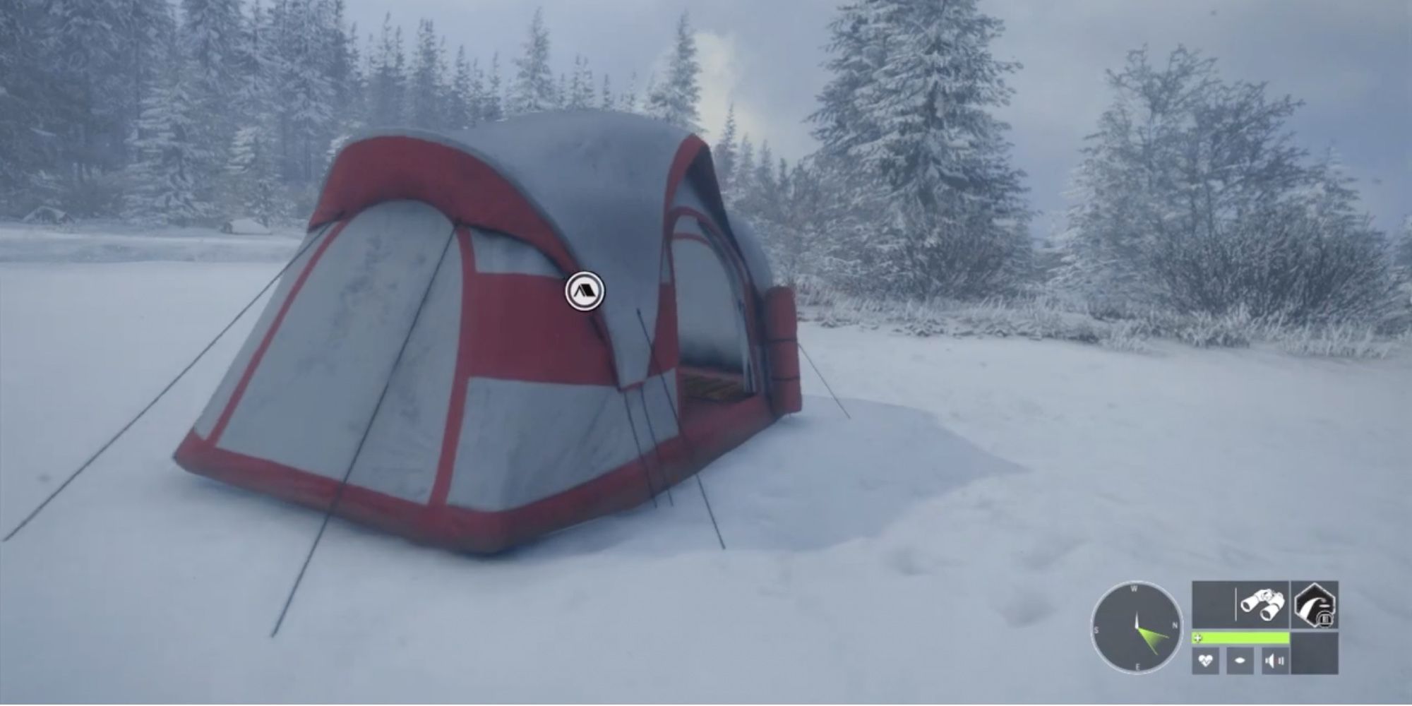 TheHunter - Call of the Wild - Pitch Tents to Take Shelter - Player sets up tent on a snow-filled terrain