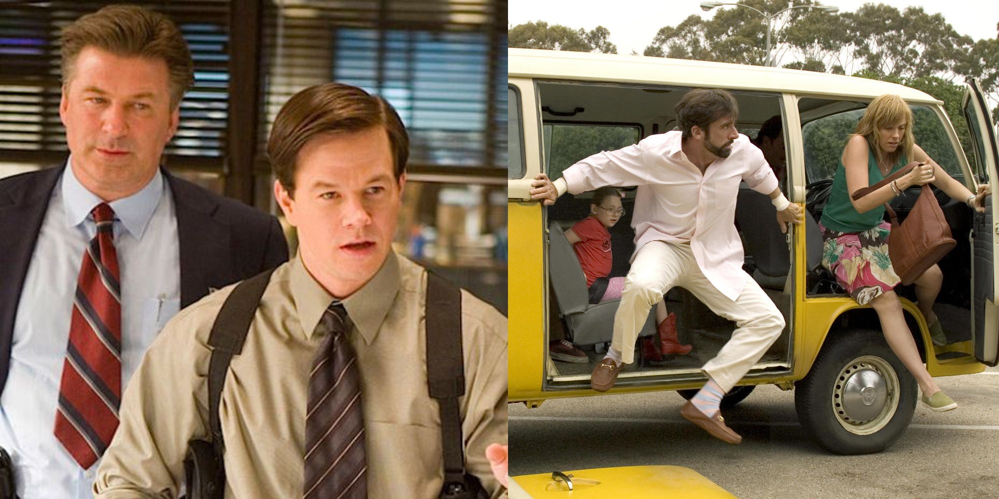 Alec Baldwin and Mark Wahlberg in The Departed; Steve Carrell and Toni Collette jumping out of the van in Little Miss Sunshine