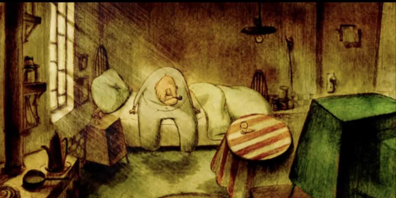 The old man with a pipe in his mouth stepping in ankle-high water in his bedroom