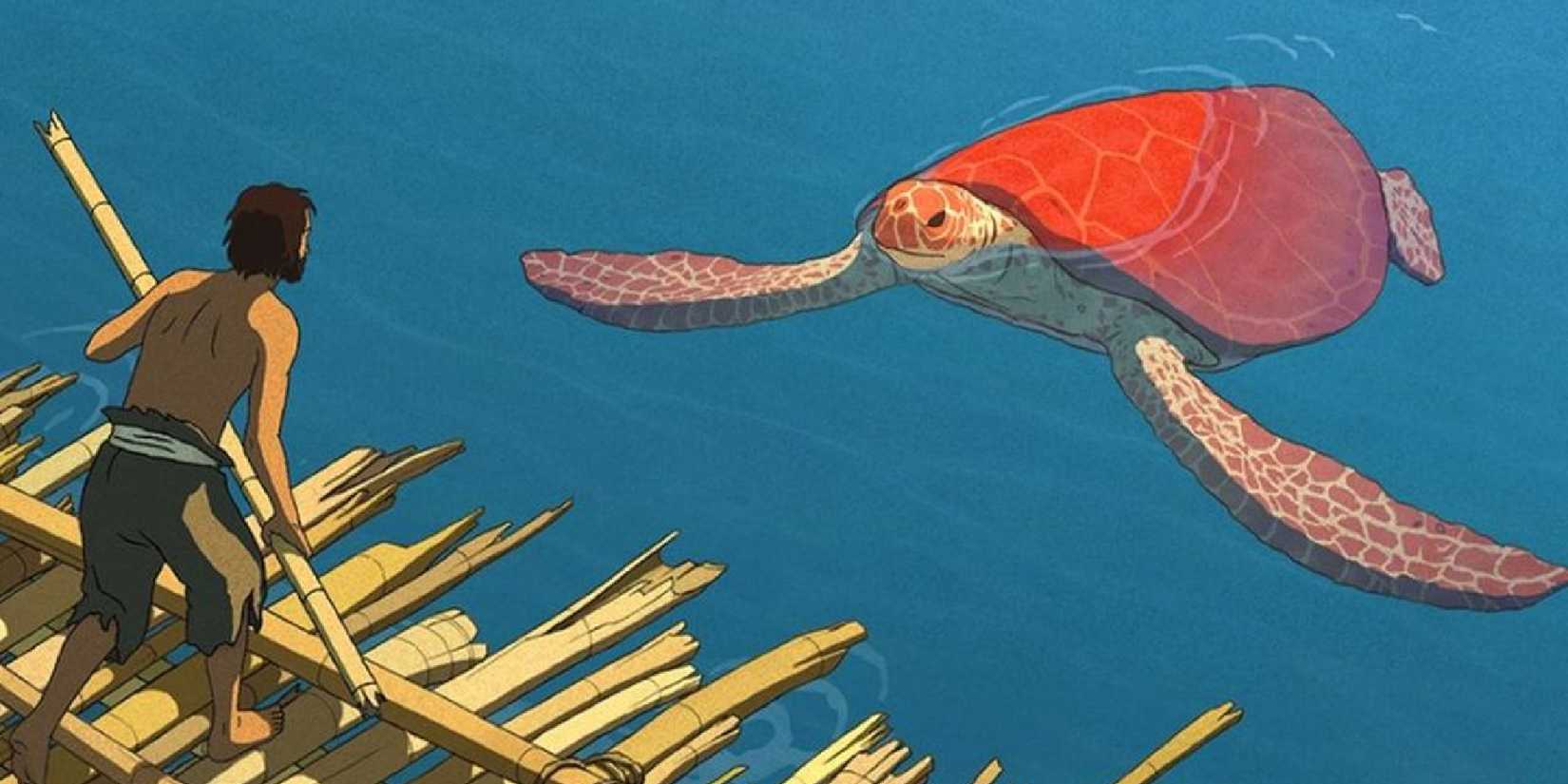 The man and the red turtle in the poster for The Red Turtle