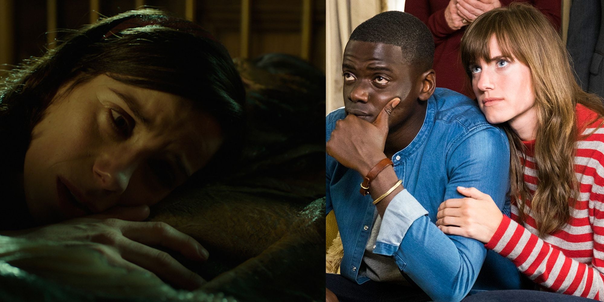 Sally Hawkins sleeping with Fish Man in The Shape of Water; Daniel Kaluuya and Allison Williams in Get Out