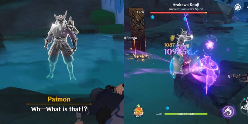 Travelers fighting an Oni spirit