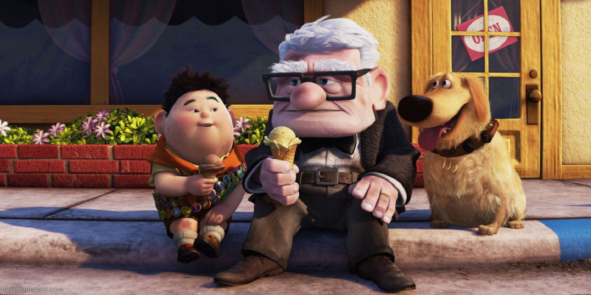 Carl eating ice cream with Russell and Dug in the ending of Up