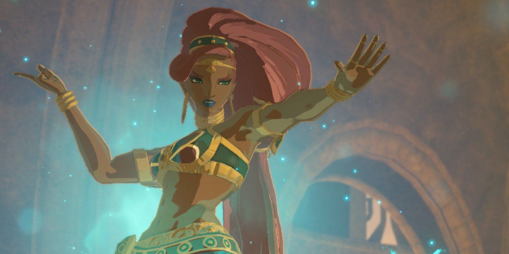 Urbosa appearing to Link as a spirit in Breath of the Wild
