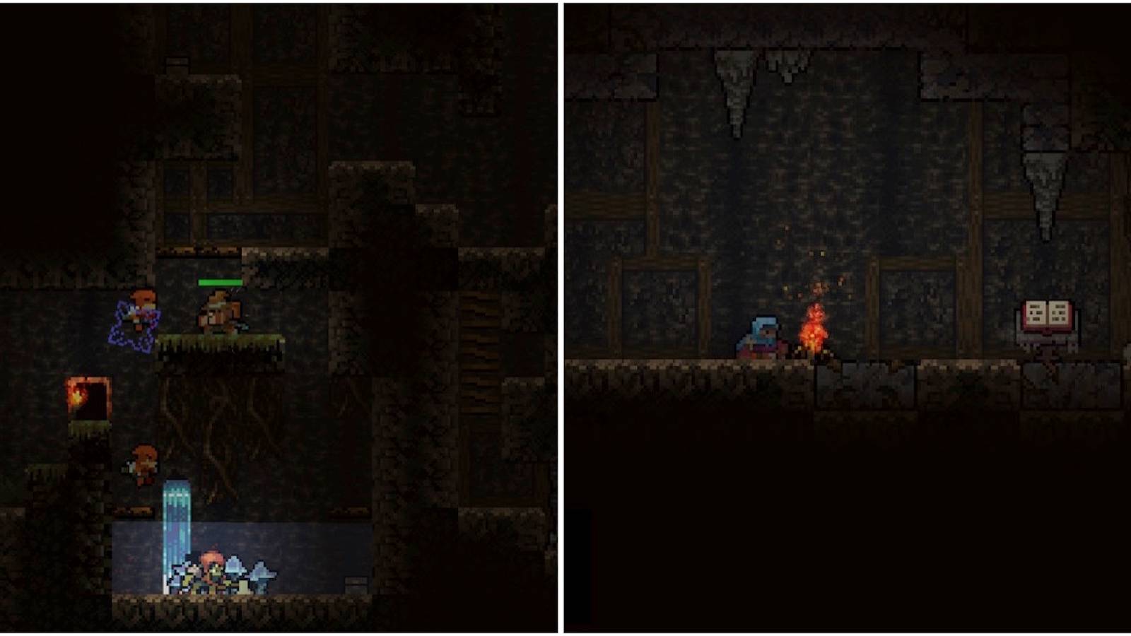 Fighting enemies and a campfire resting area from Vagante