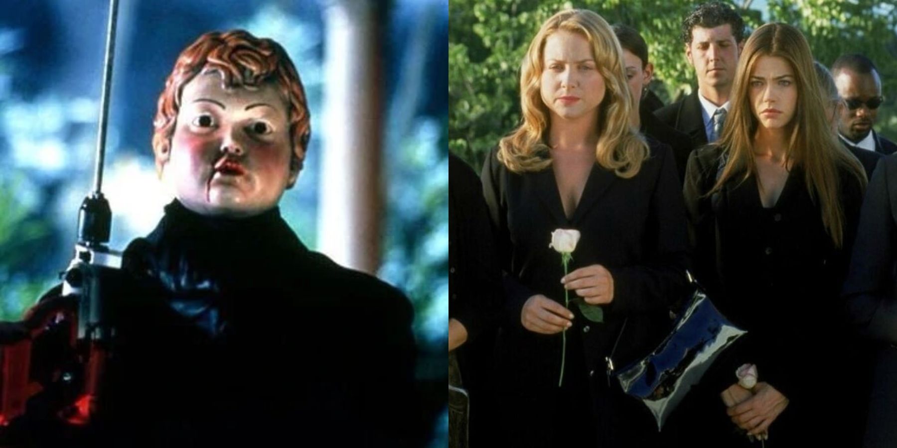 Split image of the killer in a Cupid mask and Jessica Capshaw and Denise Richards in Valentine