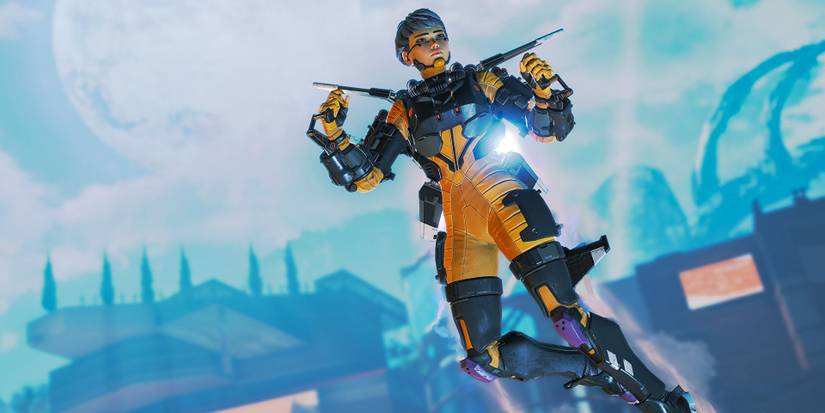 Valkyrie flying with her jetpack across Olympus in Apex Legends