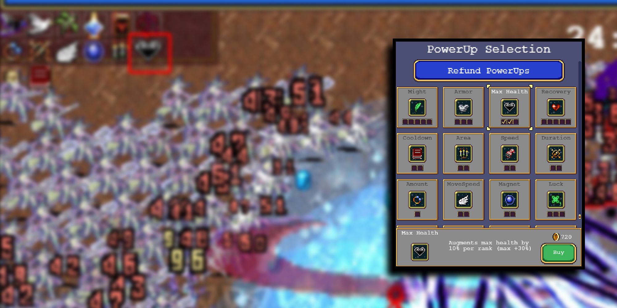 Vampire Survivors - Max Health PowerUp Overlaid On Hyper-Zoomed In Image Of Max Health Powerup In-Game